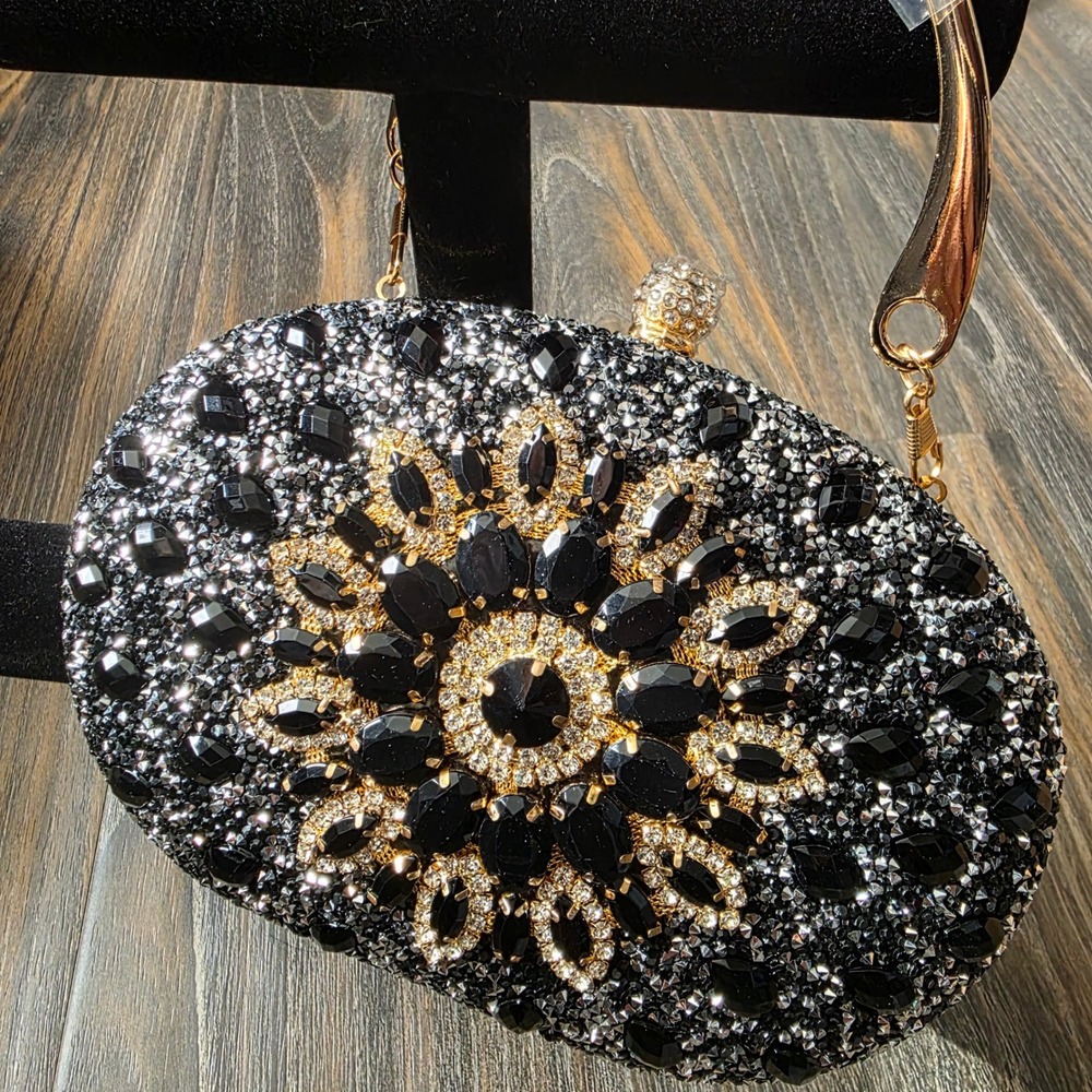 Ramla Black Crystal Embellished Oval Evening Clutch Purse Gold Chain Strap